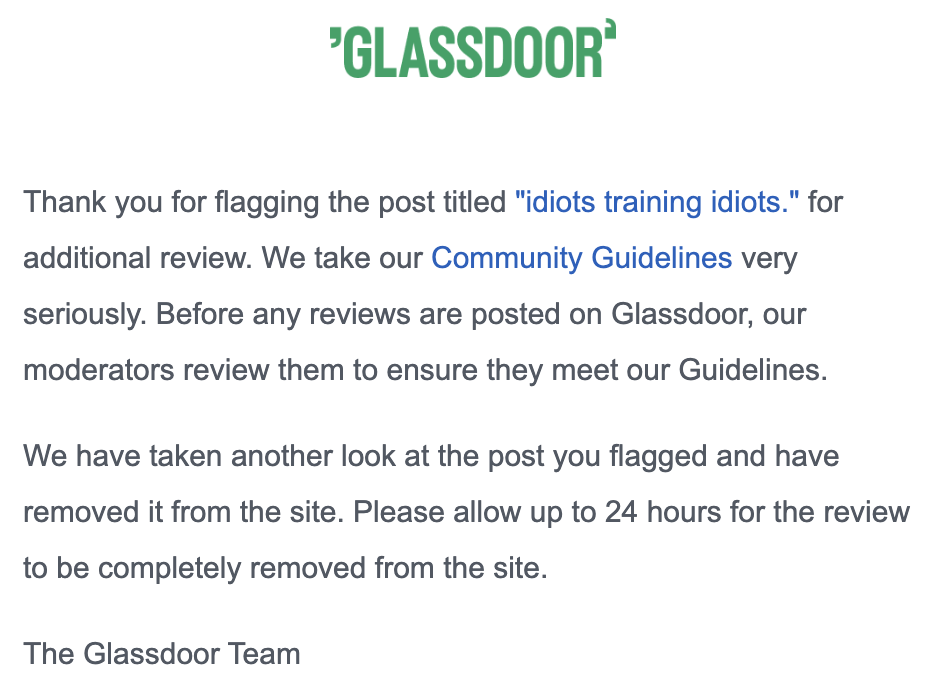 Example of Glassdoor Email: Review Was Reviewed and Removed