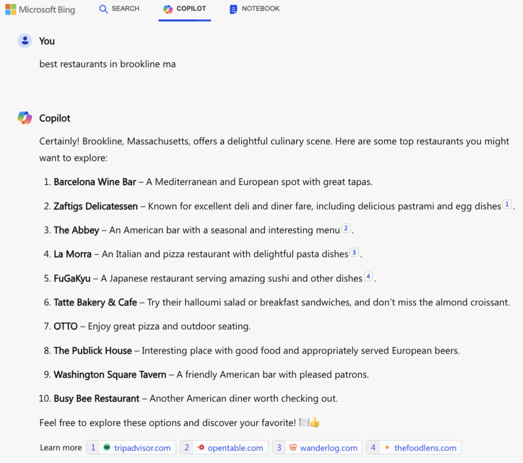 Bing Copilot AI Results for Local Online Reviews