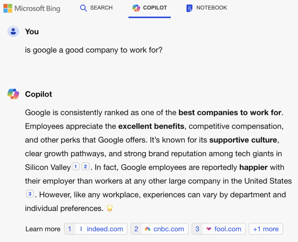 Bing Copilot feature Indeed results